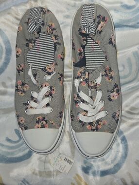 Maurices Gray Floral Canvas Slip-On Sneakers with White Accents